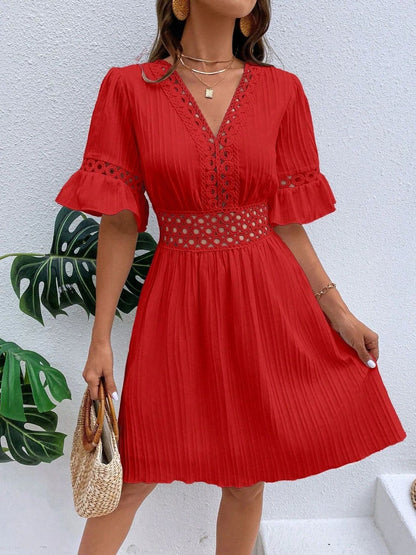 Cutout V-Neck Flounce Sleeve Mini Dress.