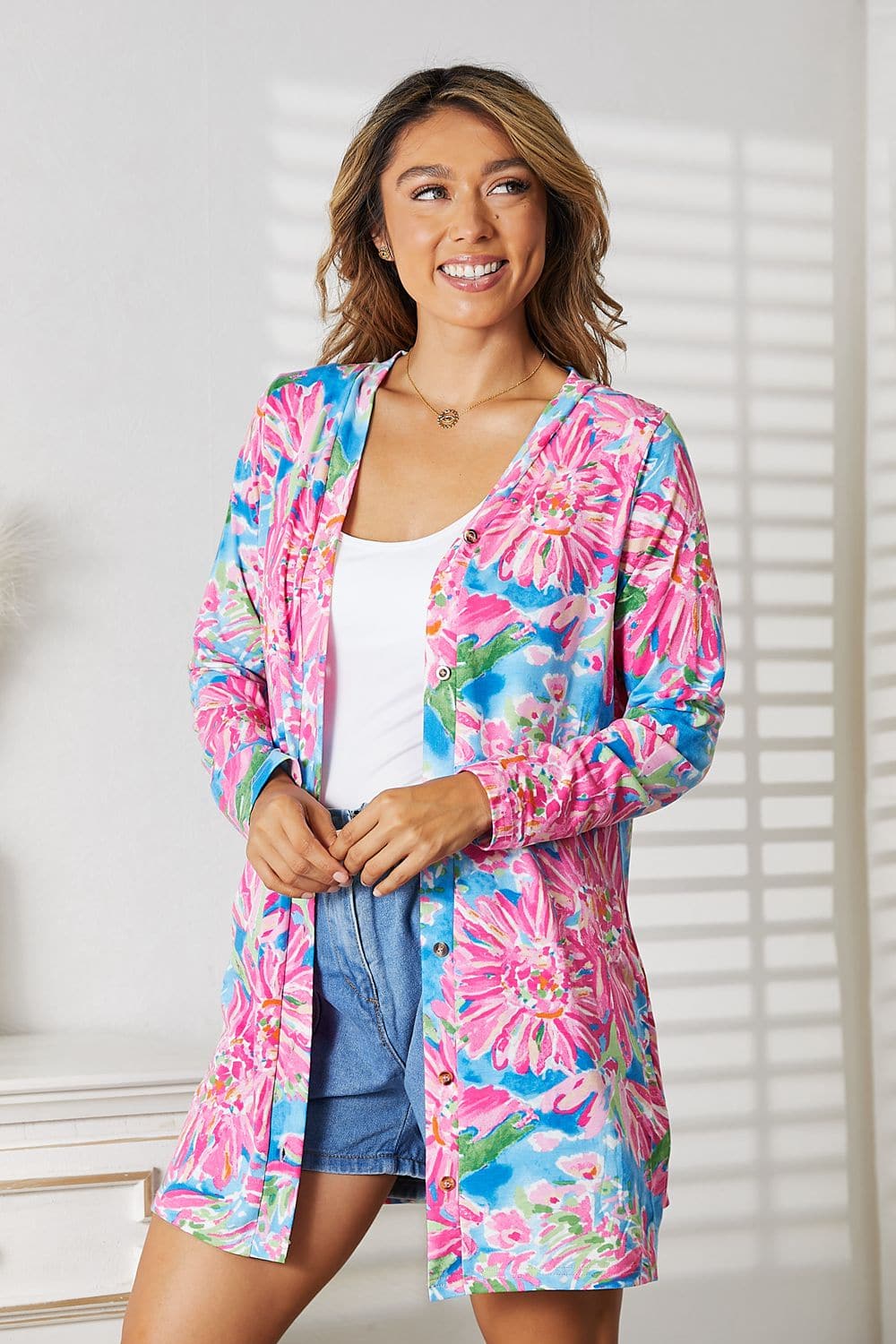 Double Take Floral Open Front Long Sleeve Cardigan.