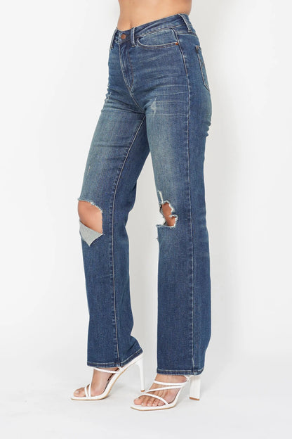 Judy Blue Plus Size High Waisted Ripped Knee Dad Jeans - Love Salve 