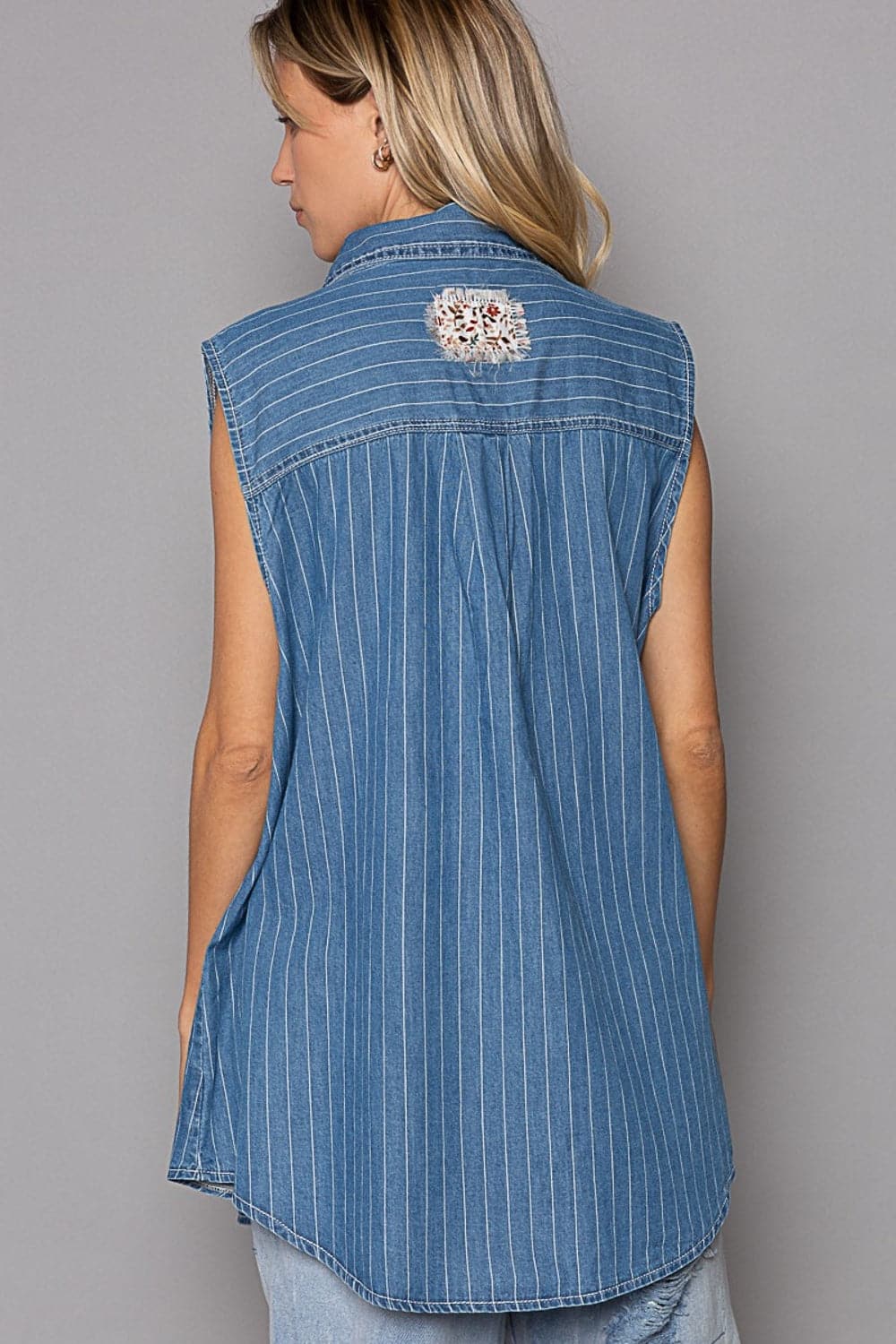 POL Button Down Sleeveless Striped Denim Shirt.