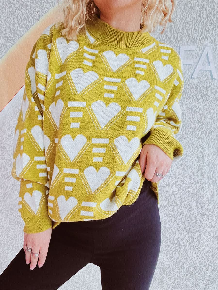 Heartfelt Contrast Long Sleeve Sweater with Dropped Shoulders