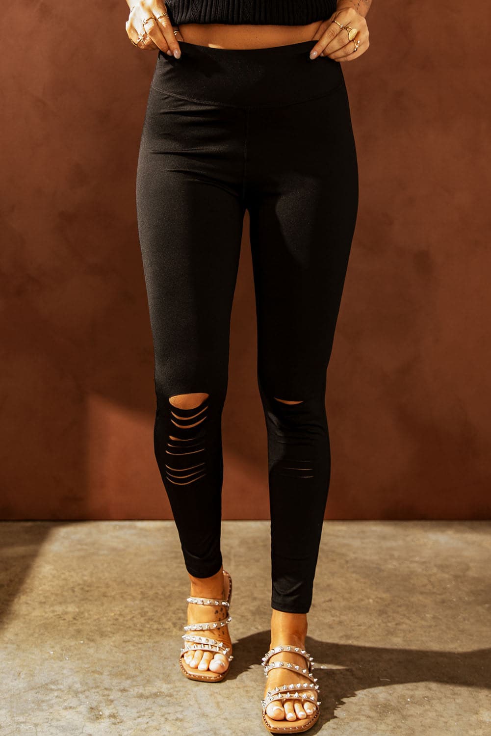 Double Take Wide Waistband Distressed Slim Fit Leggings.