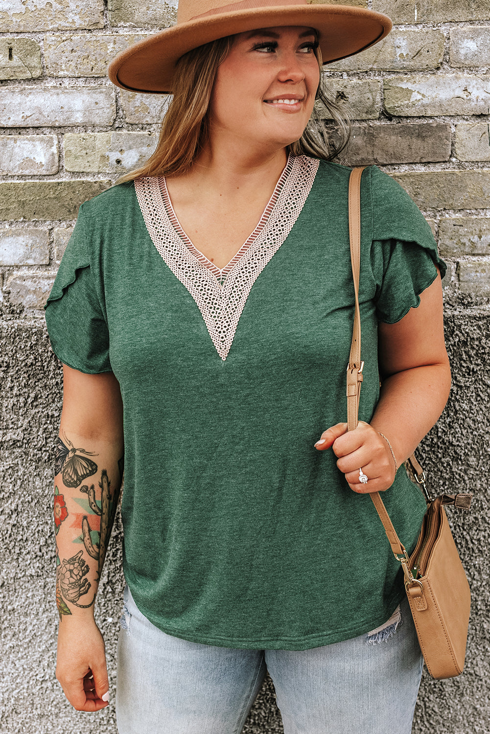 Chic blackish green plus size embroidered V-neck blouse with draped sleeves