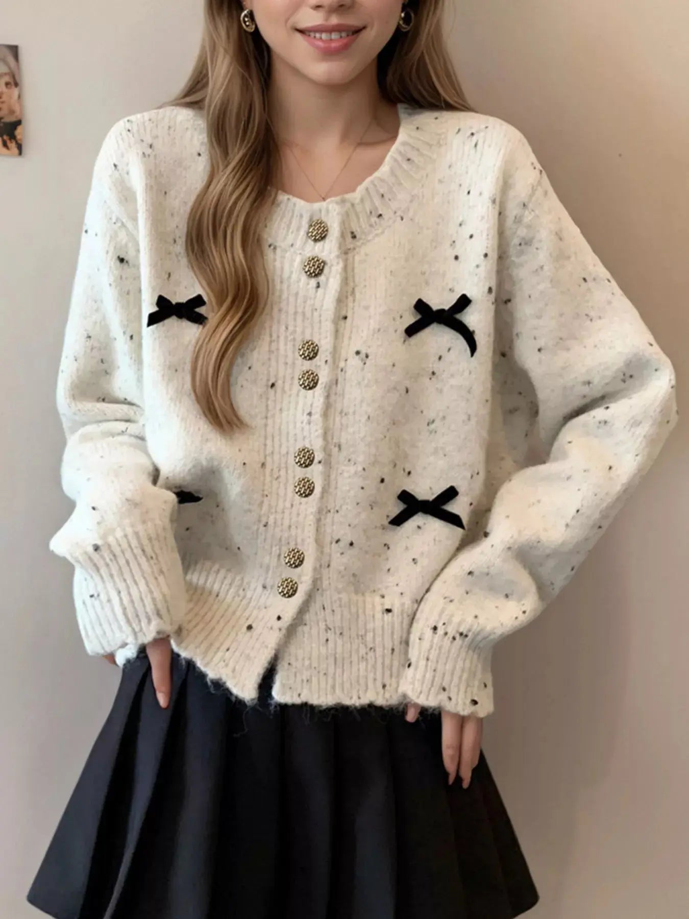 Bow Button Up Ribbed Hem Cardigan Simply Love