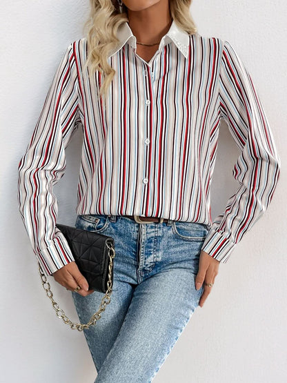 Perfee Striped Button-Up Long Sleeve Shirt with Collared Neck