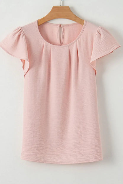 Solid Color Flounce Sleeve Pleated Round Neck Blouse