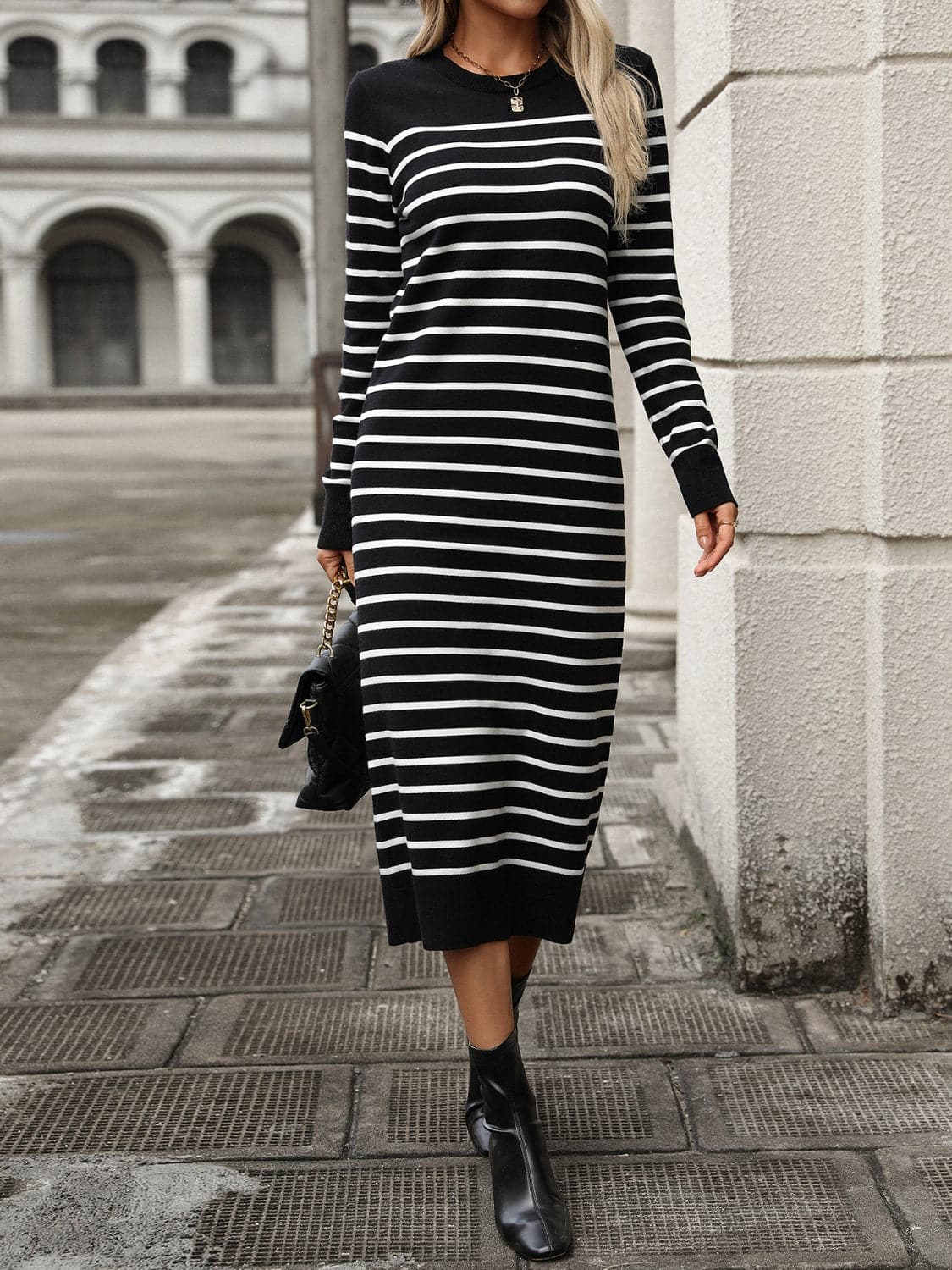 Striped Round Neck Long Sleeve Dress.