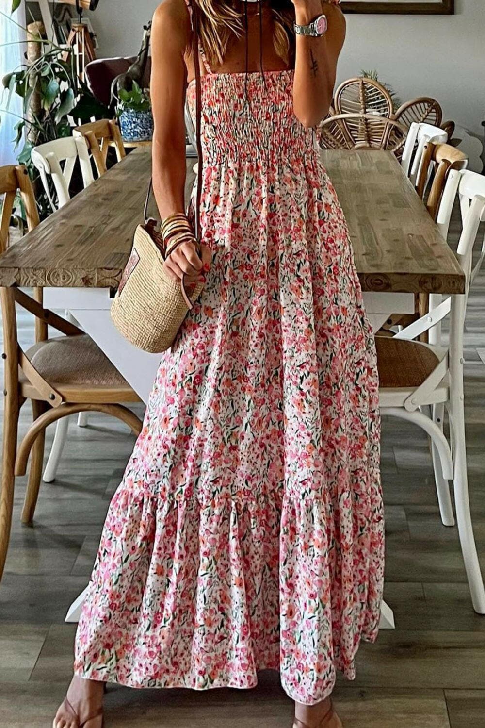 Smocked Floral Spaghetti Strap Dress.