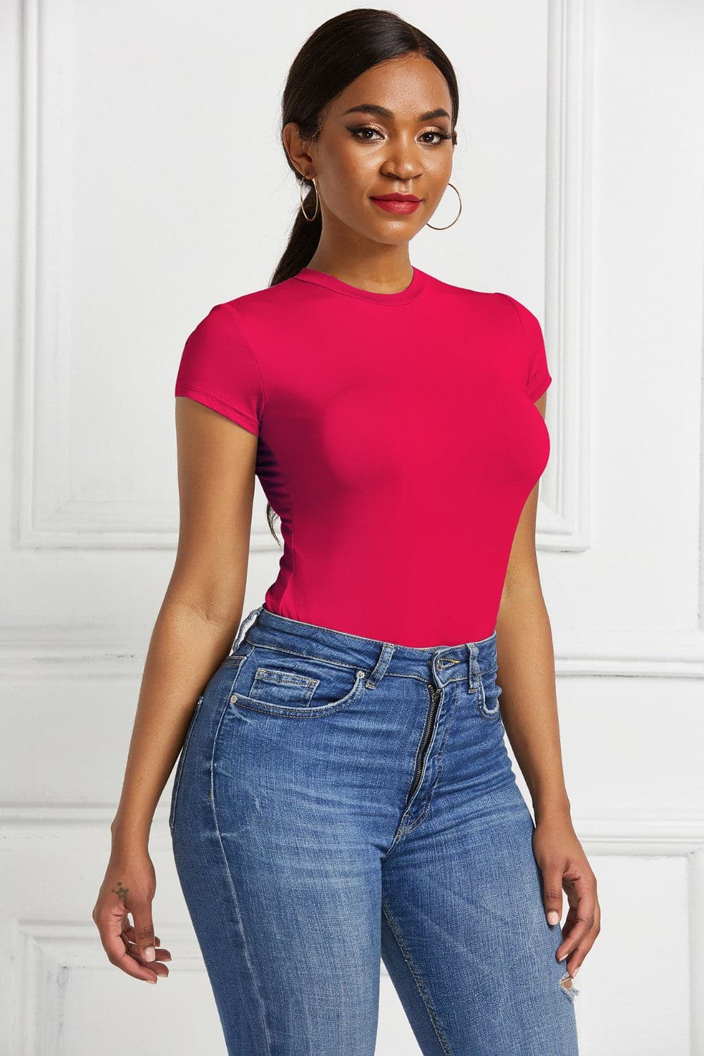 Round Neck Short Sleeve Bodysuit.