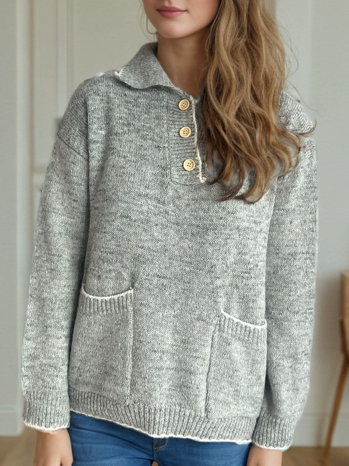 Contrast Trim Quarter Button Long Sleeve Sweater