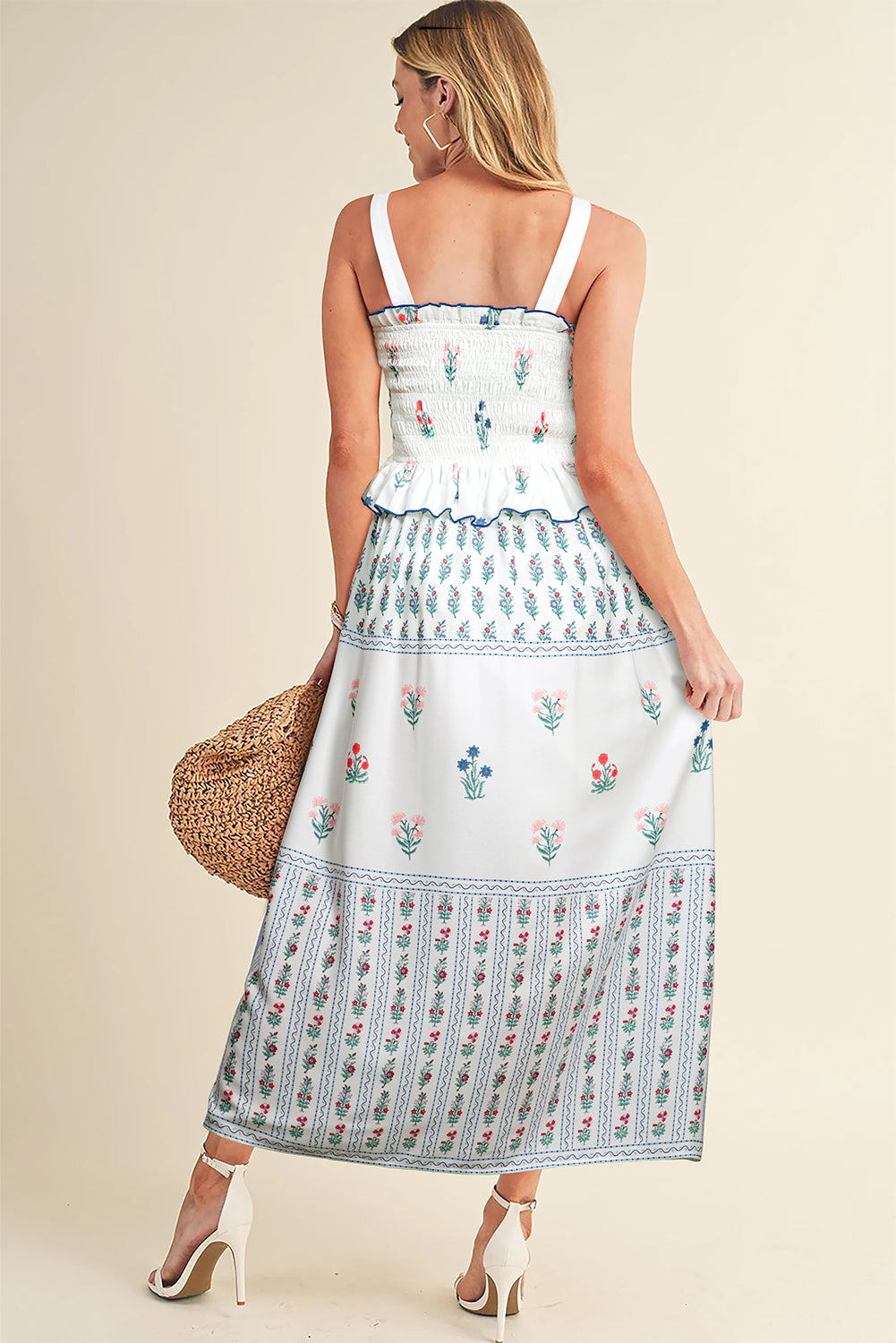 Floral Ruffled Sleeveless Maxi Dress in White