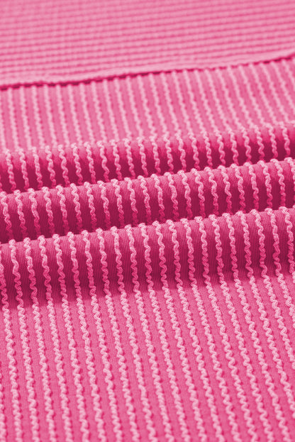 Bright Pink Plain Corded Knit Mock Neck T Shirt for Women