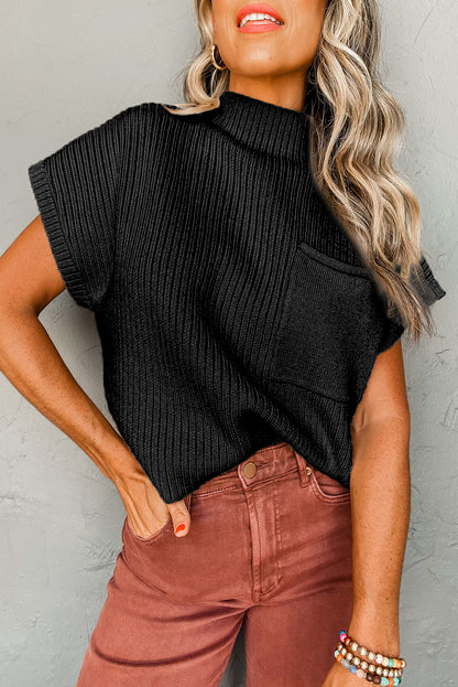 Cozy chic black ribbed knit sweater with patch pocket