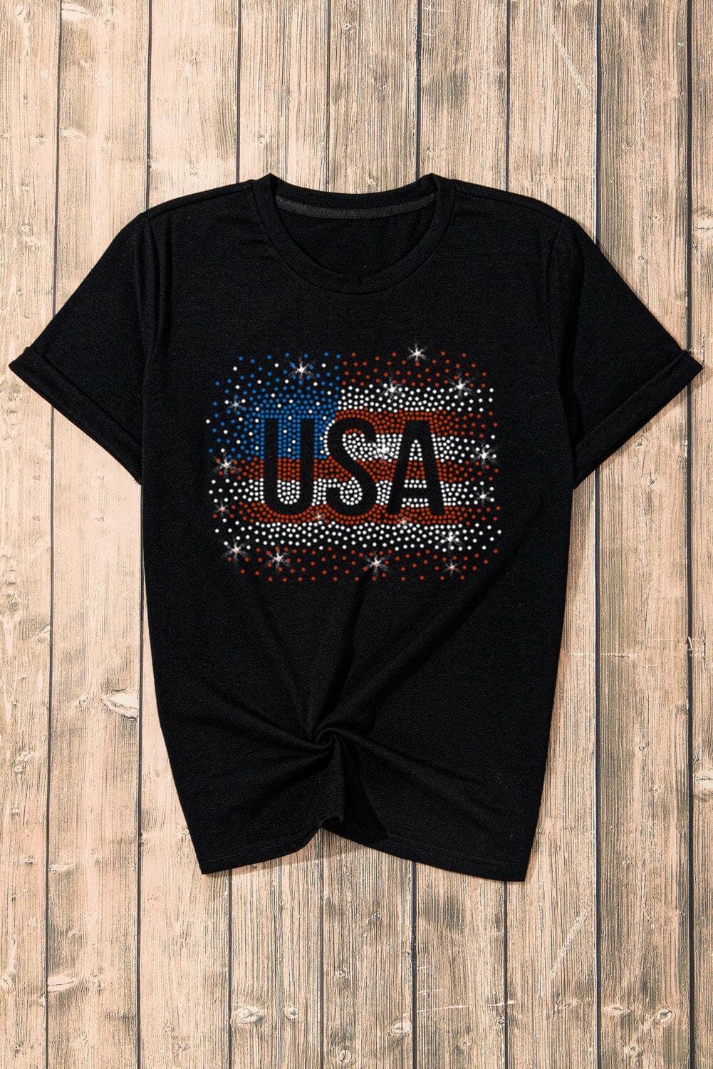 USA Rhinestone Round Neck Short Sleeve T-Shirt.