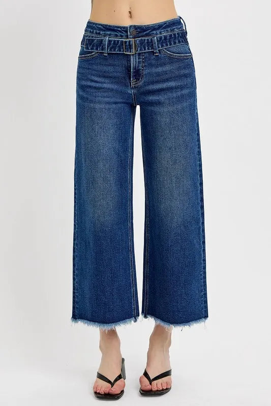 Risen Raw Hem Wide Leg Attached Buckle Jeans - Love Salve 
