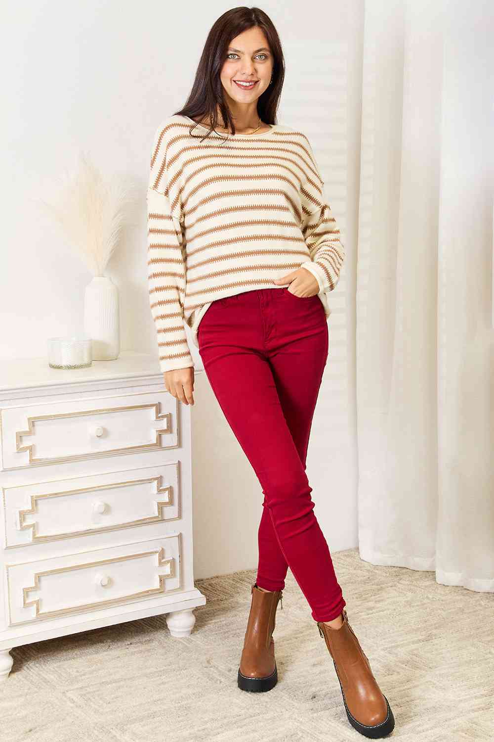 Double Take Striped Boat Neck Sweater - Love Salve