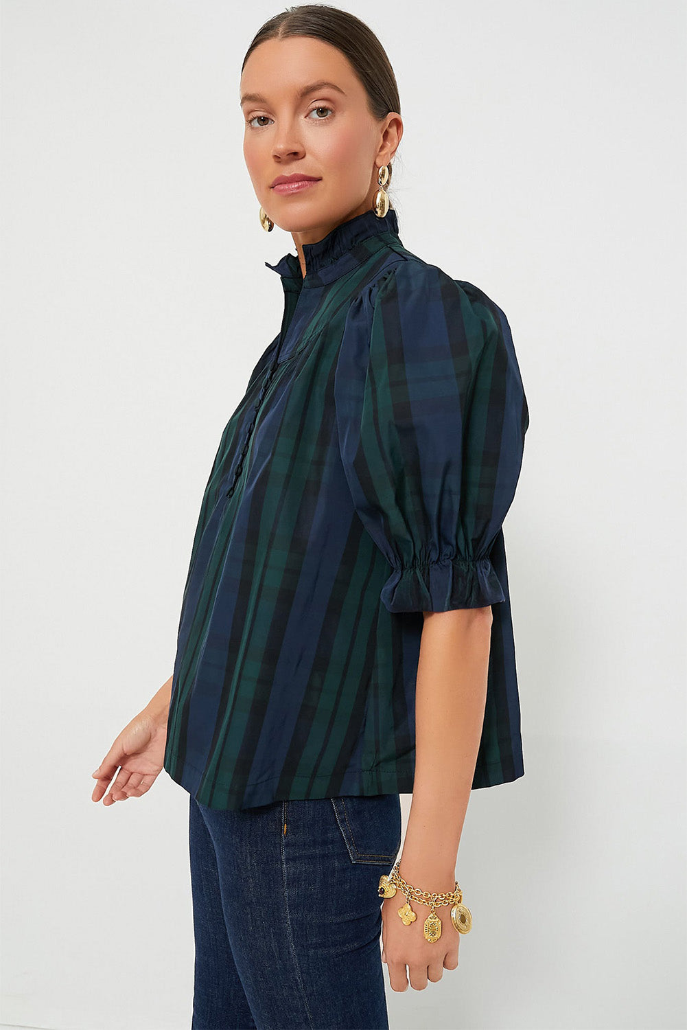 Chic Green Striped Plaid Puff Sleeve Blouse with Frilled Trim