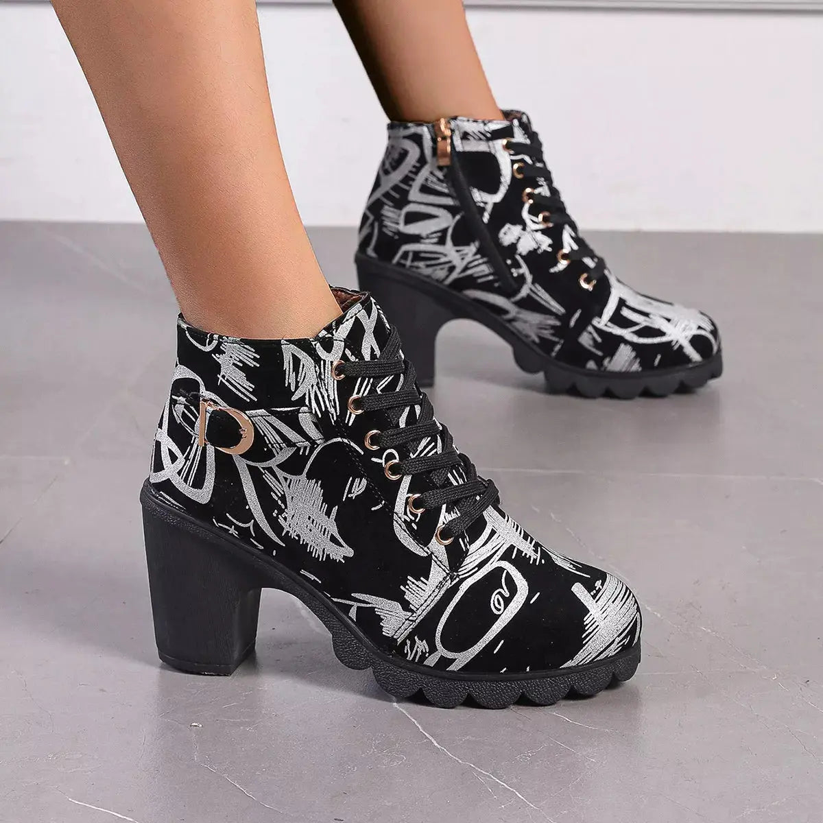 Printed Lace-Up Ankle Boots with Block Heel Simply Love