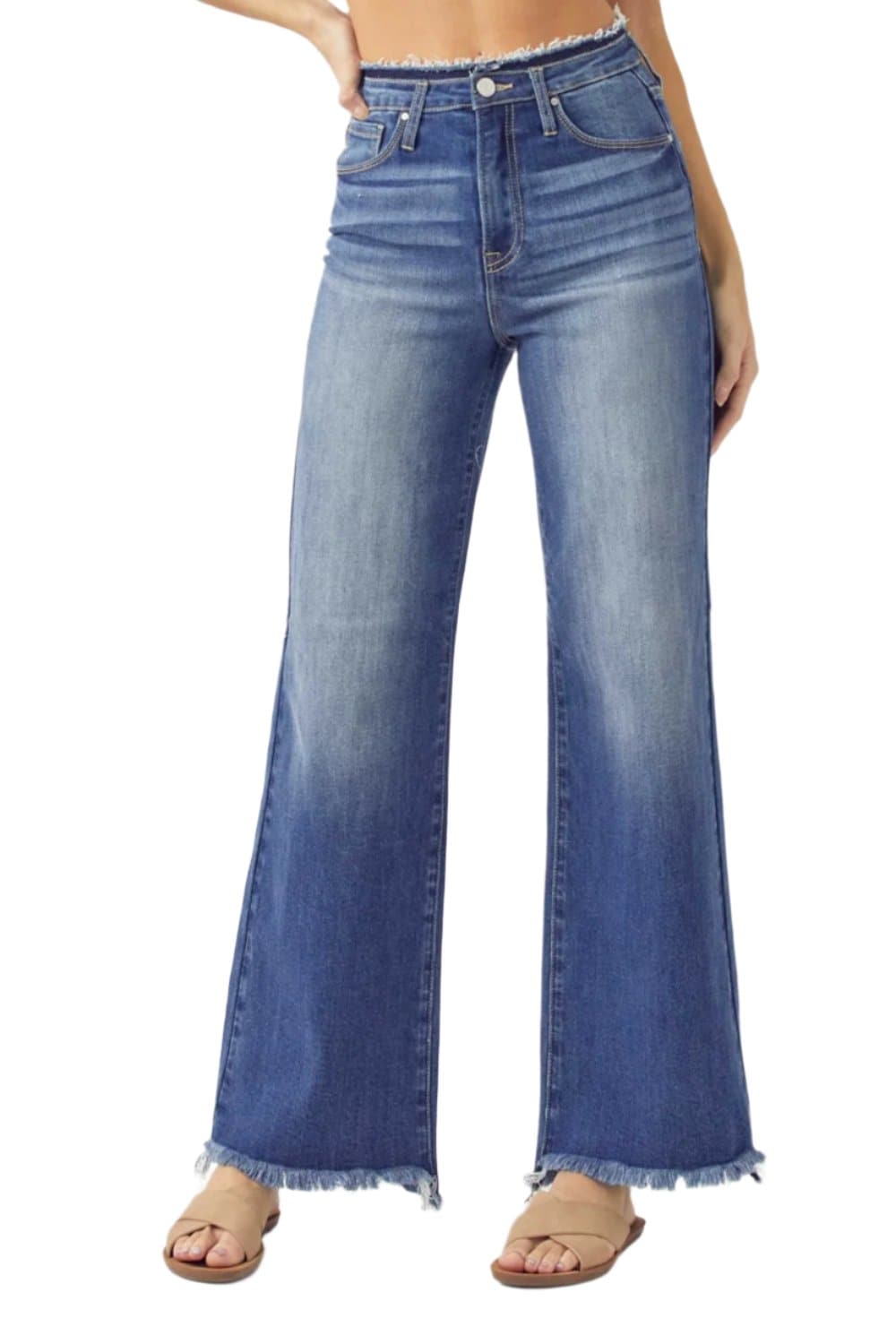 RISEN High Waist Raw Hem Wide Leg Jeans.