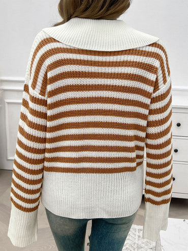 Striped Collared Neck Long Sleeve Sweater.