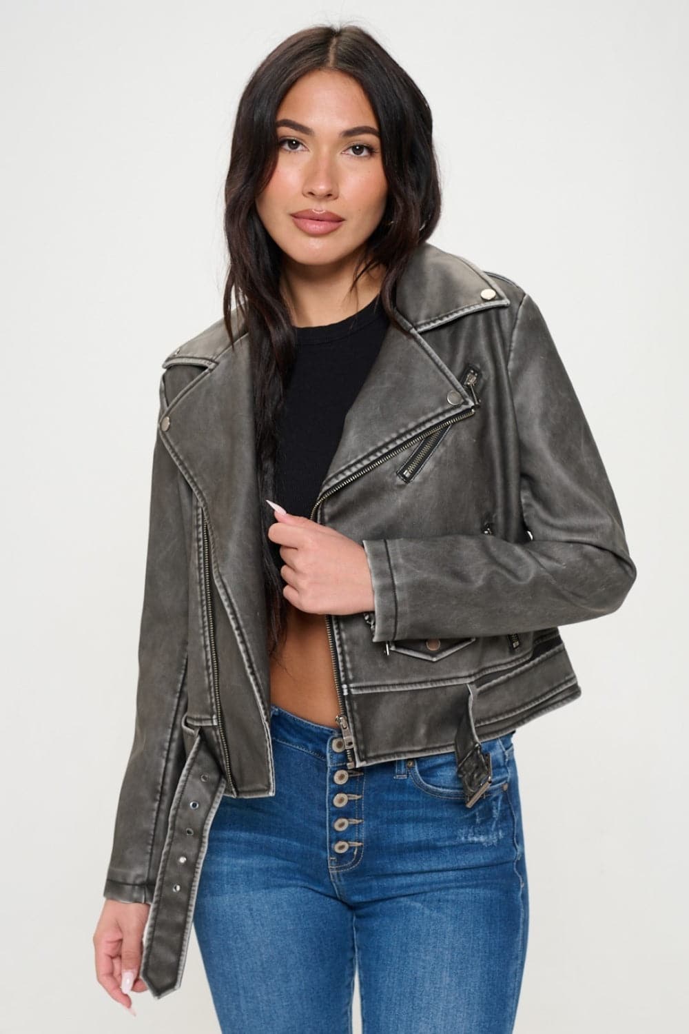 Chic vegan leather biker jacket with belt detail