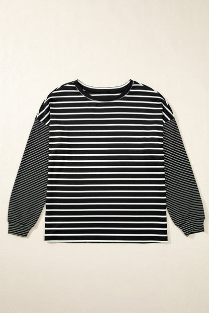 Chic black striped patchwork long sleeve tee for effortless style