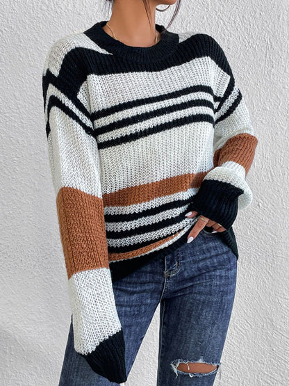 Striped chic round neck long sleeve sweater