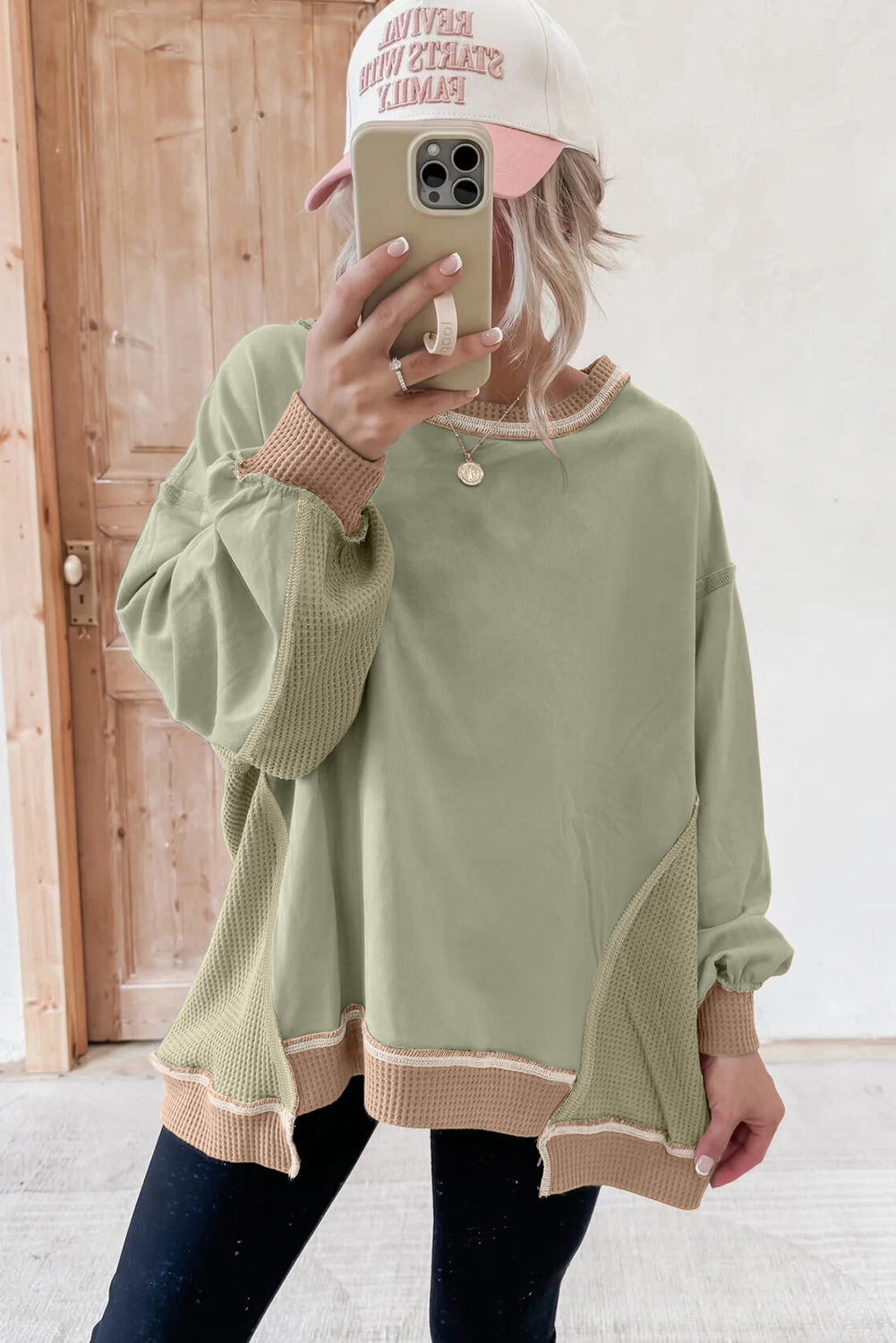 Smoke Green Color Block Patchwork Waffle Oversize Sweatshirt Dear-Lover Dropshipping