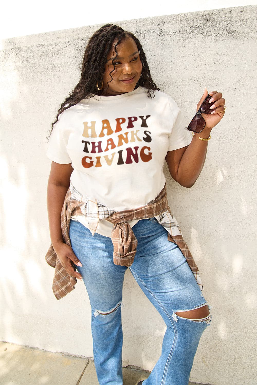 Simply Love Full Size HAPPY THANKS GIVING Short Sleeve T-Shirt.