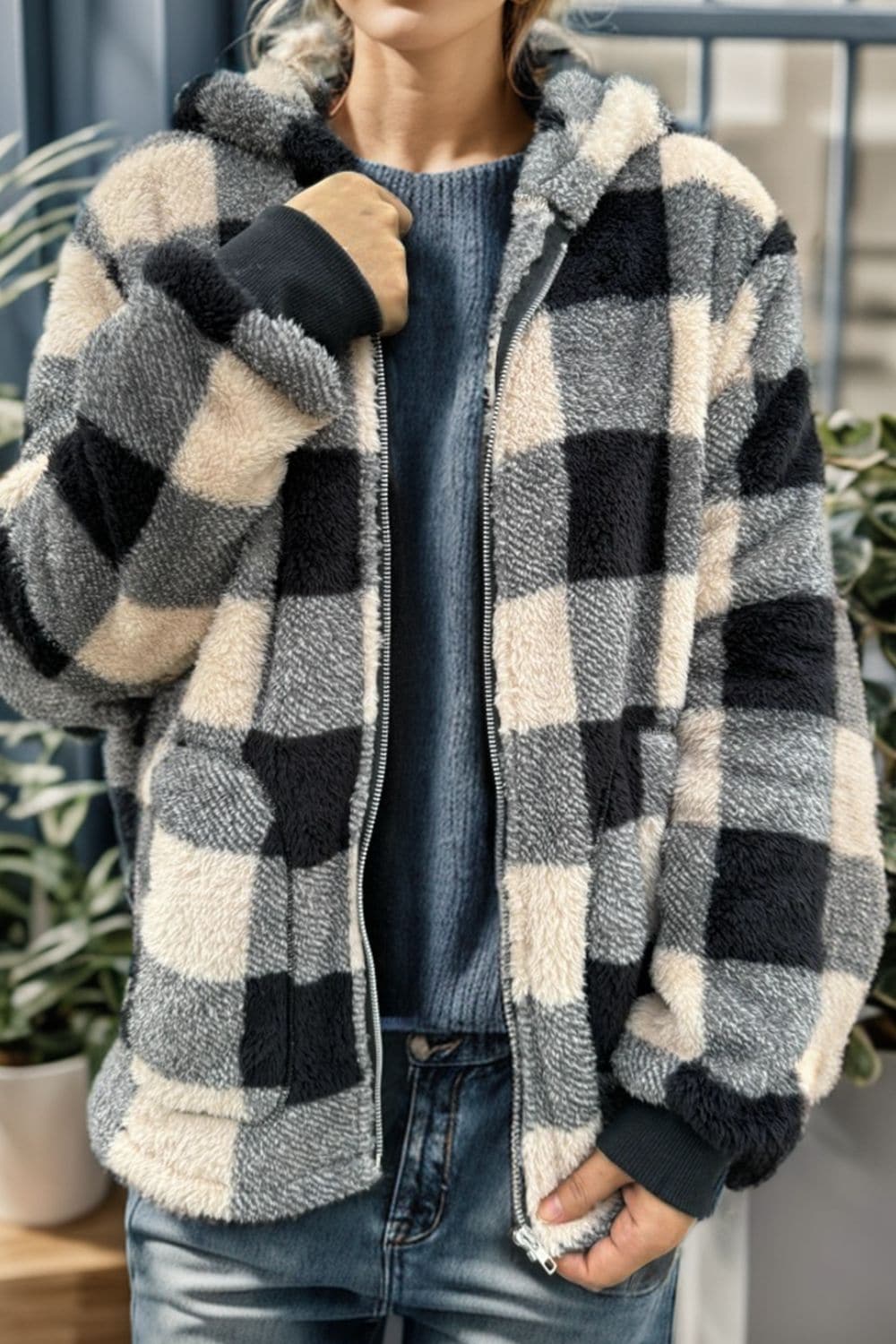 Double Take Full Size Plaid Long Sleeve Hooded Coat.