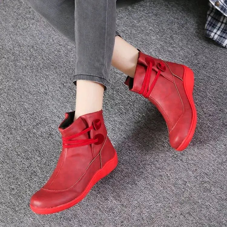 Women Button Detail Ankle Boots PU Leather Flat Heel Rubber Sole Simply Love