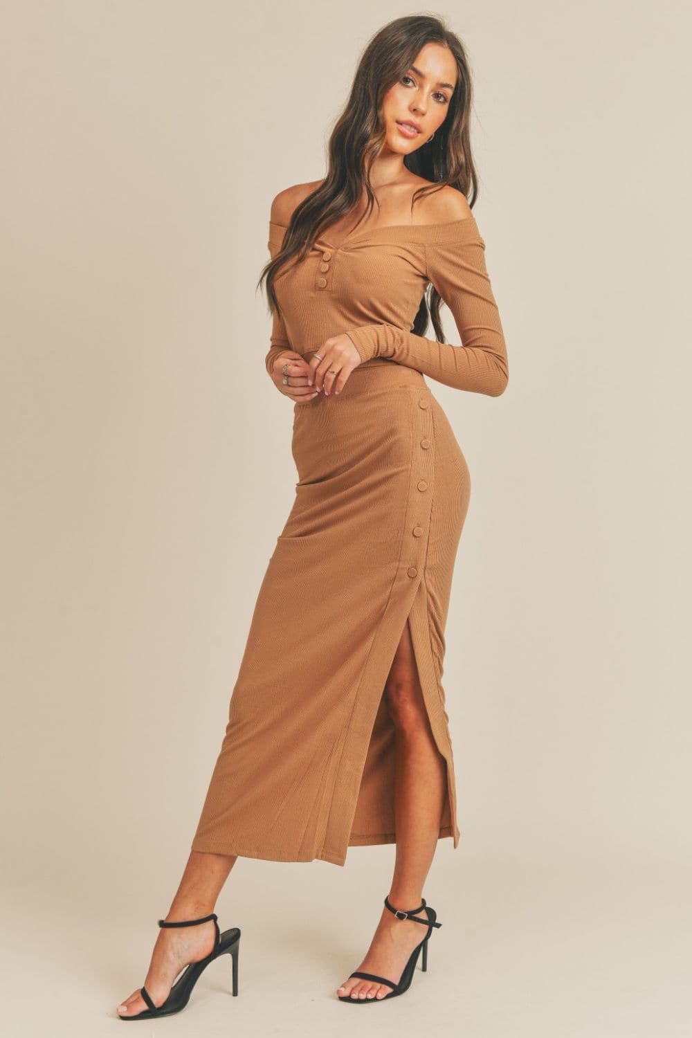 Chic Button-Accent Crop Top and High-Slit Midi Skirt Ensemble