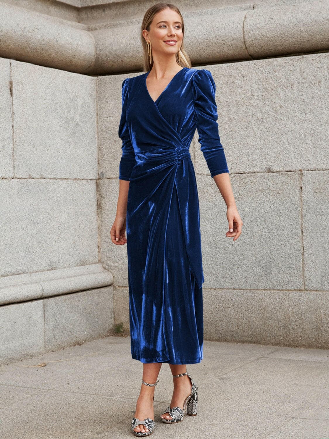 Surplice Puff Sleeve Midi Dress.