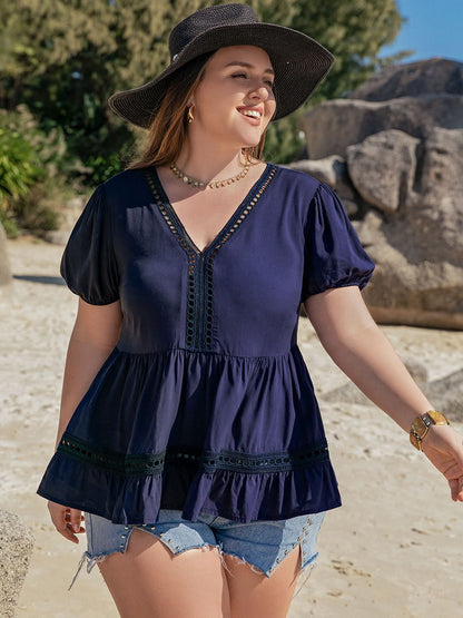 Plus Size V-Neck Peplum Blouse with Short Sleeves