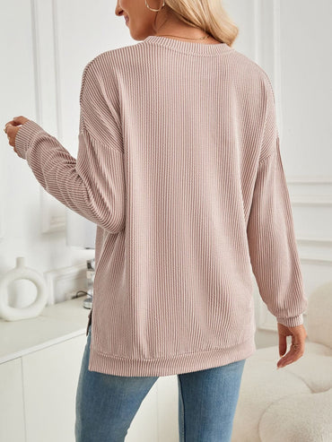 Slit Round Neck Long Sleeve Sweatshirt.