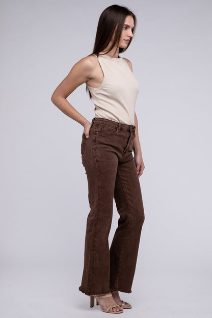 Trendy acid wash frayed hem wide-leg pants