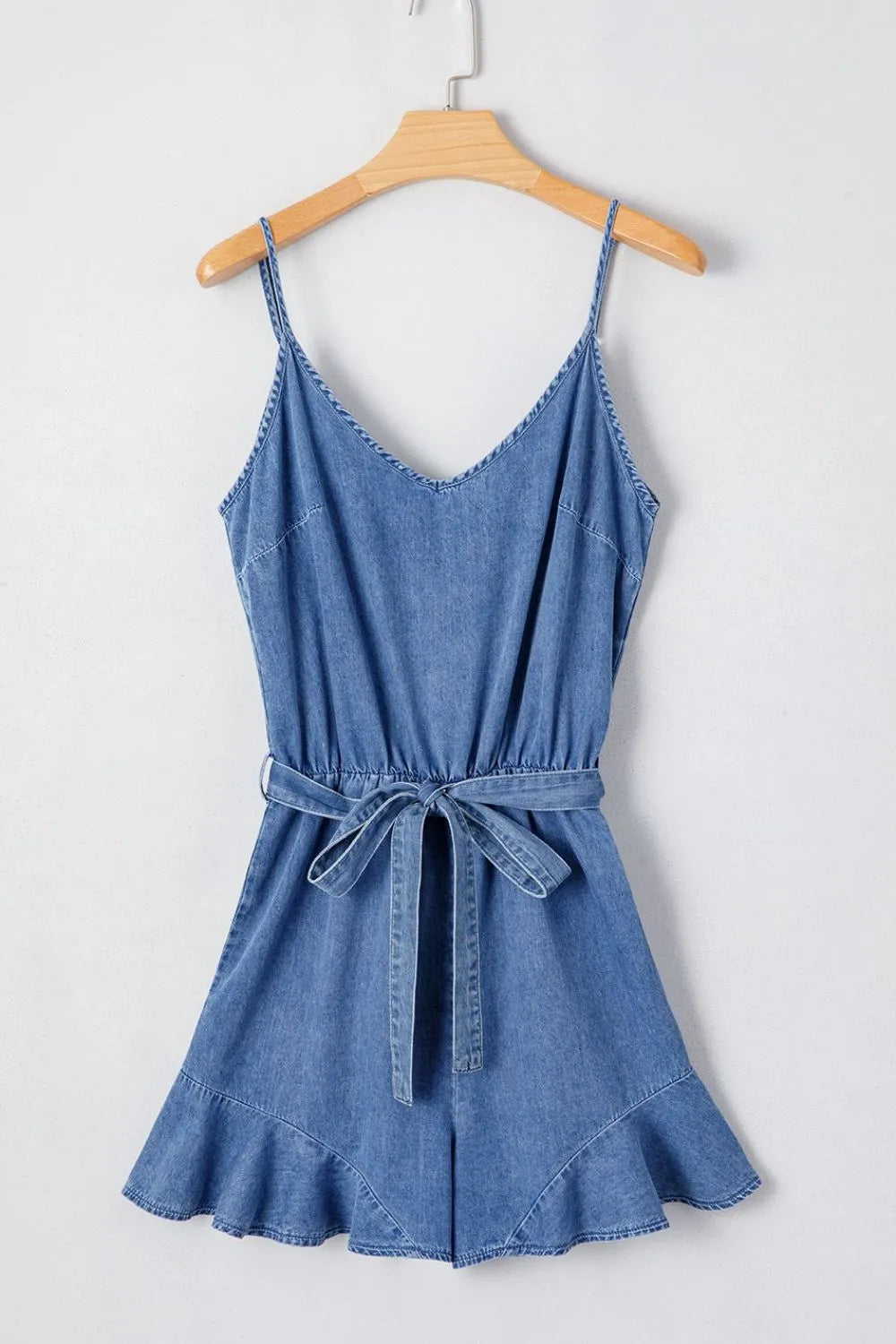 Spaghetti Straps V Neck Belted Ruffled Leg Chambray Romper