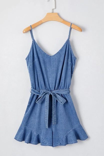 Spaghetti Straps V Neck Belted Ruffled Leg Chambray Romper