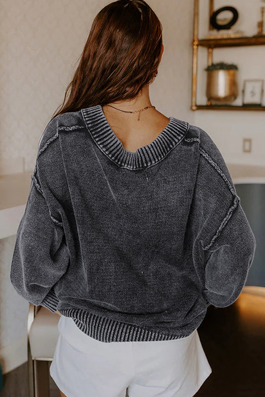 Black Mineral Wash V Neck Knit Sweater Exposed Seams And Drop Shoulder Loose Dear-Lover Dropshipping