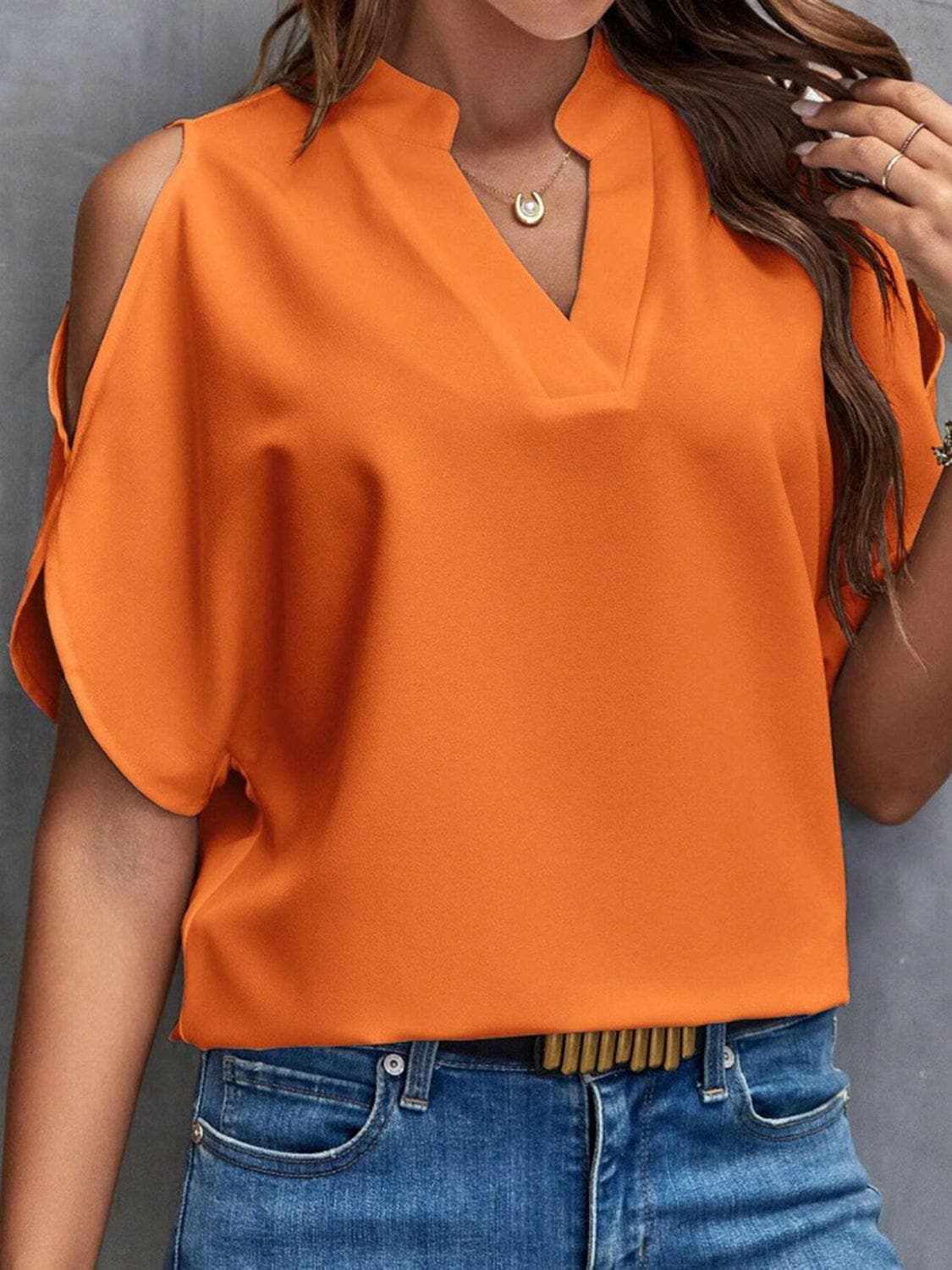 Chic notched cold shoulder blouse - Love Salve 