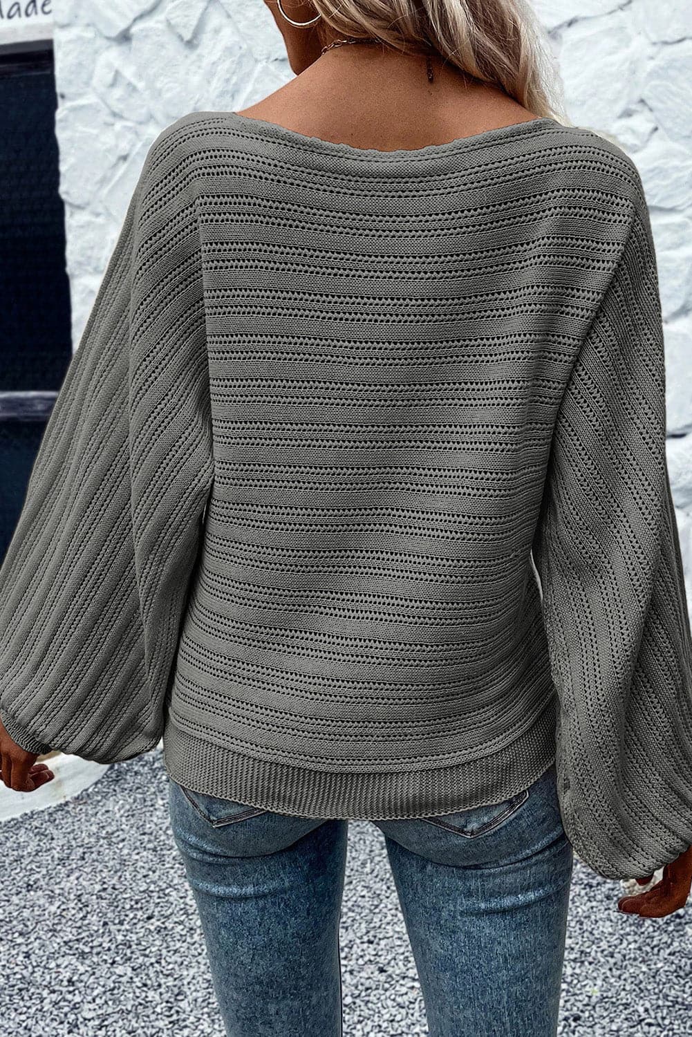 Openwork Boat Neck Lantern Sleeve Sweater.