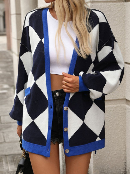 Checkered Dropped Shoulder Long Sleeve Cardigan.