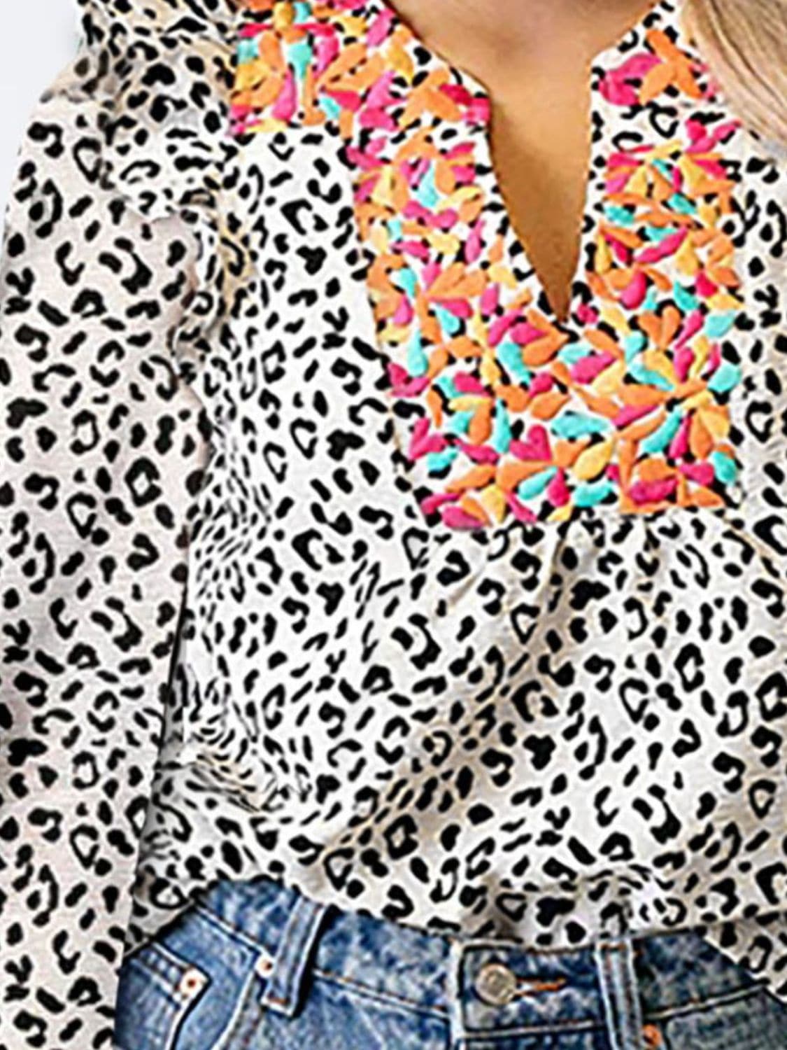 Ruffled Leopard Notched Long Sleeve Blouse.