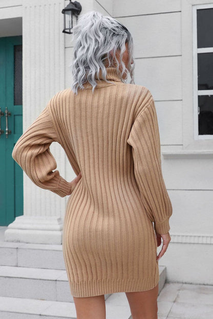 Ribbed Turtle Neck Long Sleeve Mini Sweater Dress.