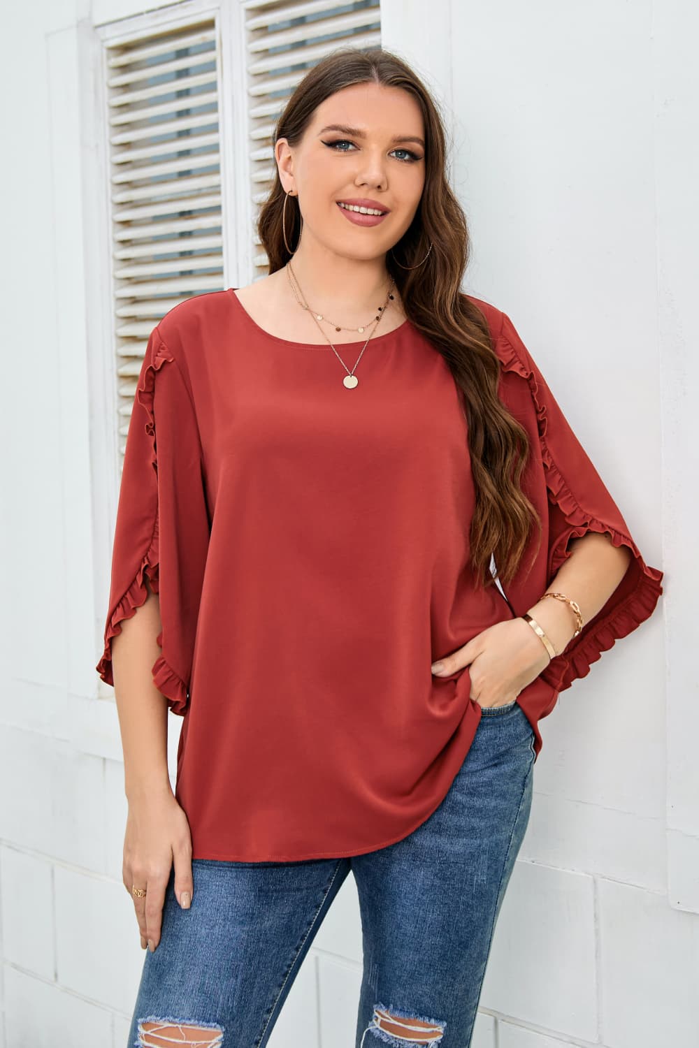 Plus Size Round Neck Frill Trim Blouse.