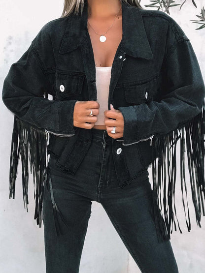 Fringed denim jacket with pockets