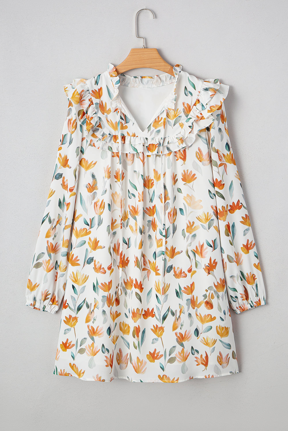 Yellow Floral Print Tie Neck Frilled Long Sleeve Mini Dress Dear-Lover Dropshipping