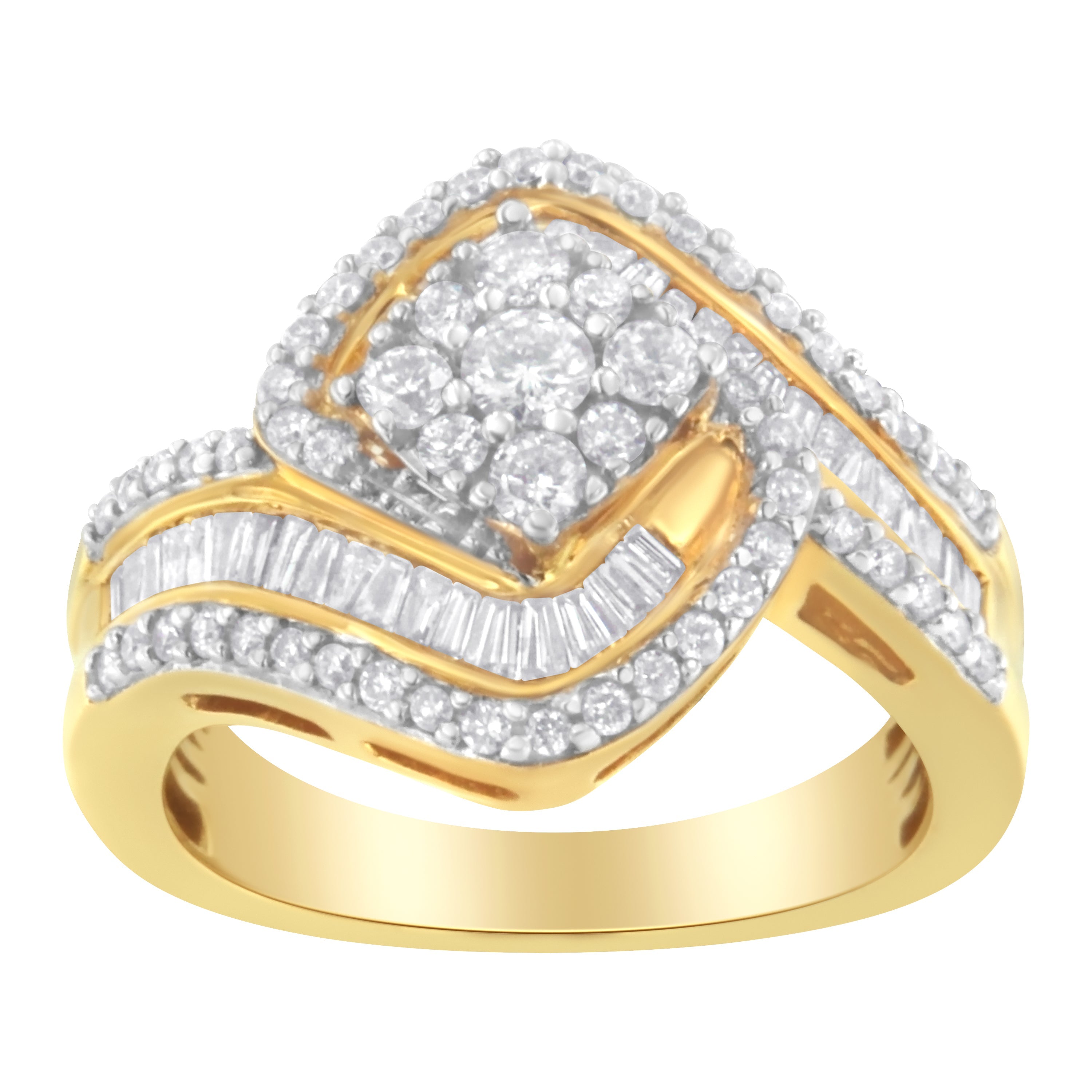 14K Yellow Gold 1.0 Cttw Baguette & Brilliant-Cut Diamond Round Floral Cluster Engagement or Fashion Ring with Swirl Wrapped Triple Row Band (H-I Color, SI2-I1 Clarity) - Size 6-3/4