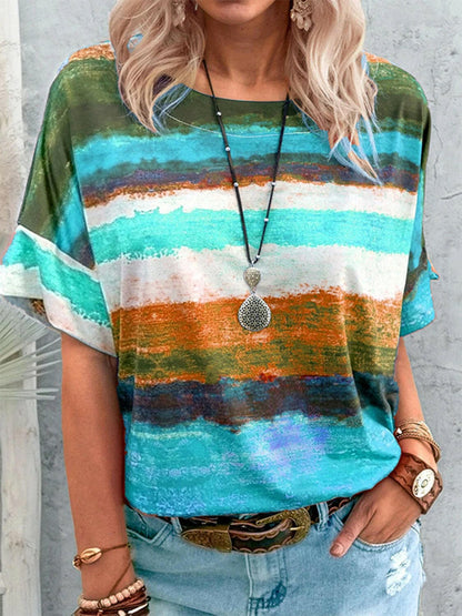 Full Size Color Block Round Neck Half Sleeve T-Shirt.