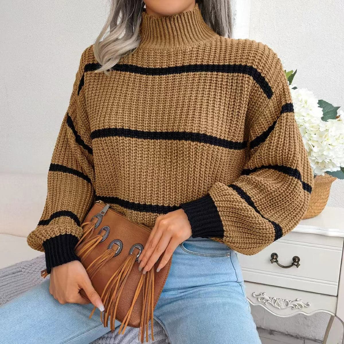 Striped Mock Neck Dropped Shoulder Sweater.